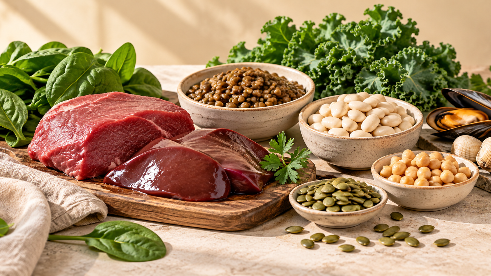Eisenreiche Lebensmittel mit Fleisch, Leber, Hülsenfrüchten, Spinat und Muscheln