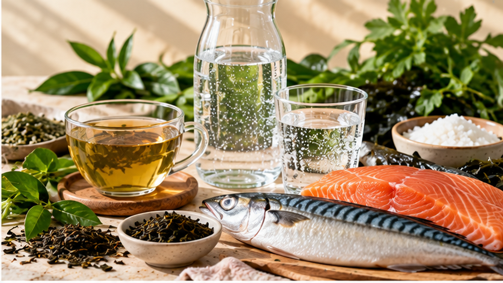 Fluoridquellen mit Tee, Fisch, Wasser und Meeresprodukten