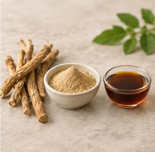 Ashwagandha-Wurzeln, Wurzelpulver und flüssige Zubereitung