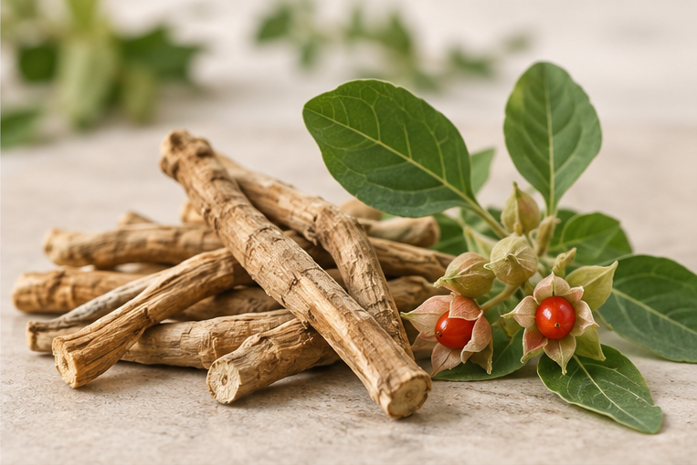Ashwagandha-Pflanze und Wurzeln