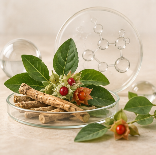 Ashwagandha-Wurzeln und Pflanzenextrakt zur Einordnung der Pflanzenstoffe
