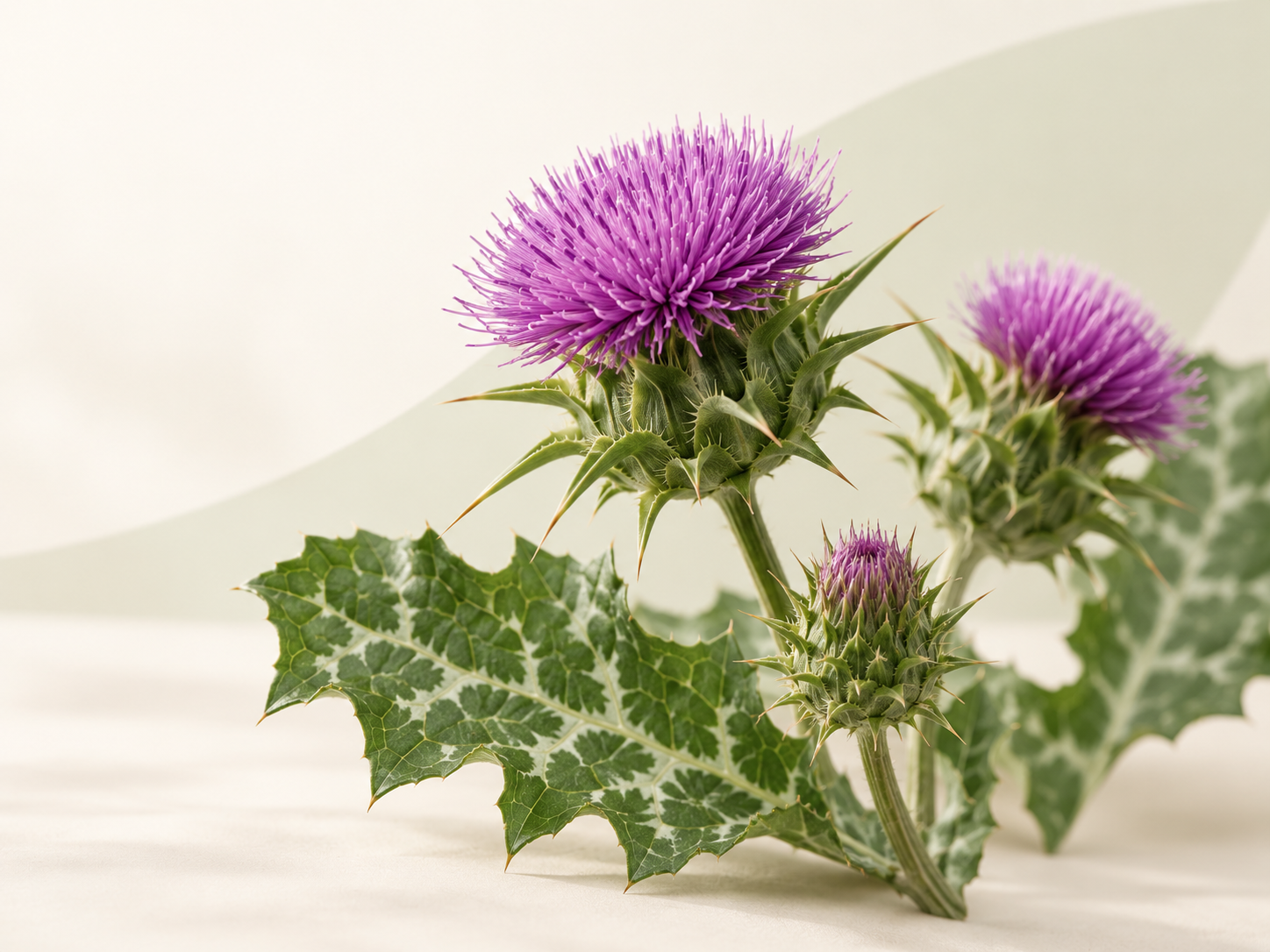 Mariendistel Pflanze mit violetter Blüte und charakteristisch weiß gezeichneten Blättern