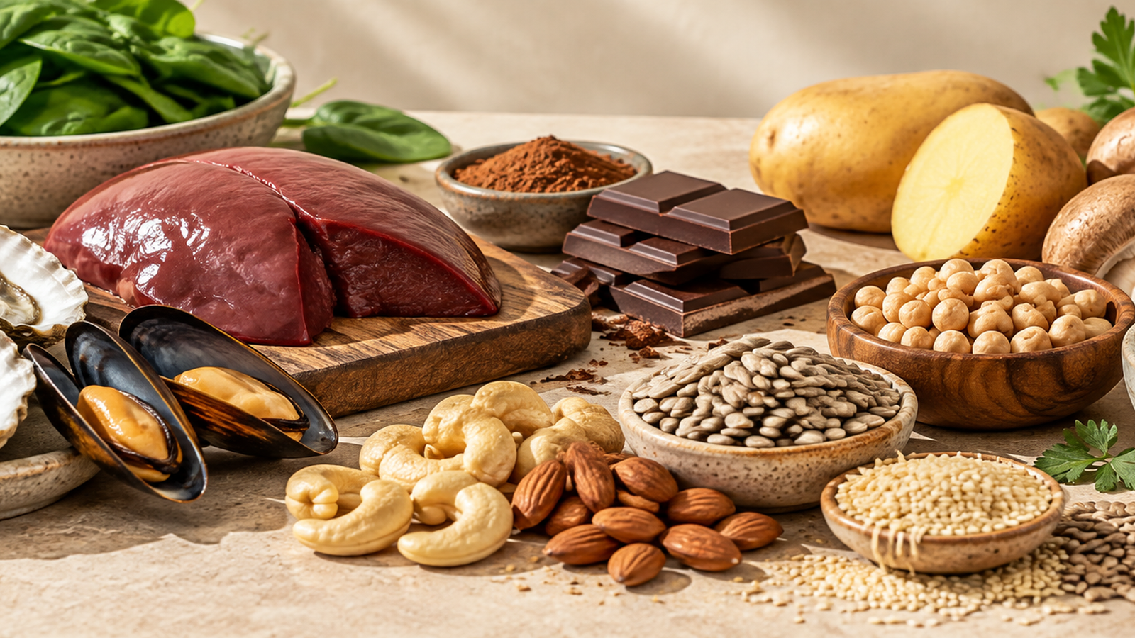 Kupferreiche Lebensmittel mit Leber, Austern, Nüssen, Samen und Kakao