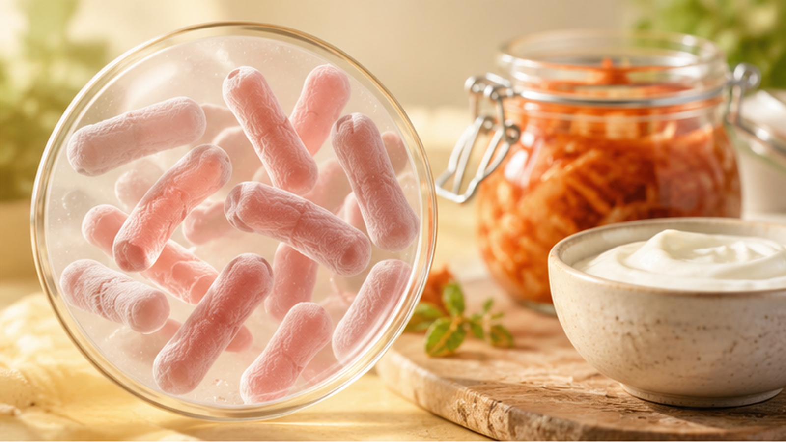 Illustrative Darstellung von Lactobacillus reuteri mit Bakterienkultur und fermentierten Lebensmitteln