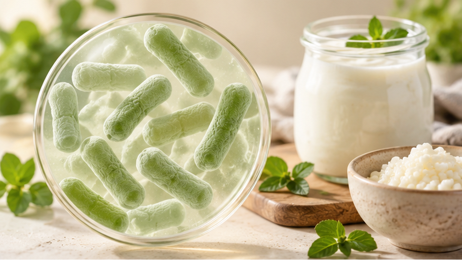 Illustrative Darstellung von Lactobacillus rhamnosus mit Bakterienkultur und fermentierten Lebensmitteln