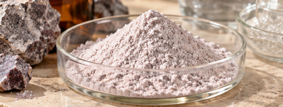 Illustrative Darstellung von Mangansulfat mit roséfarbenem Pulver und Laborgefäßen