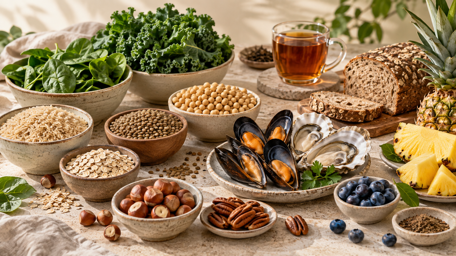 Manganreiche Lebensmittel mit Vollkorn, Nüssen, Hülsenfrüchten, Gemüse und Muscheln
