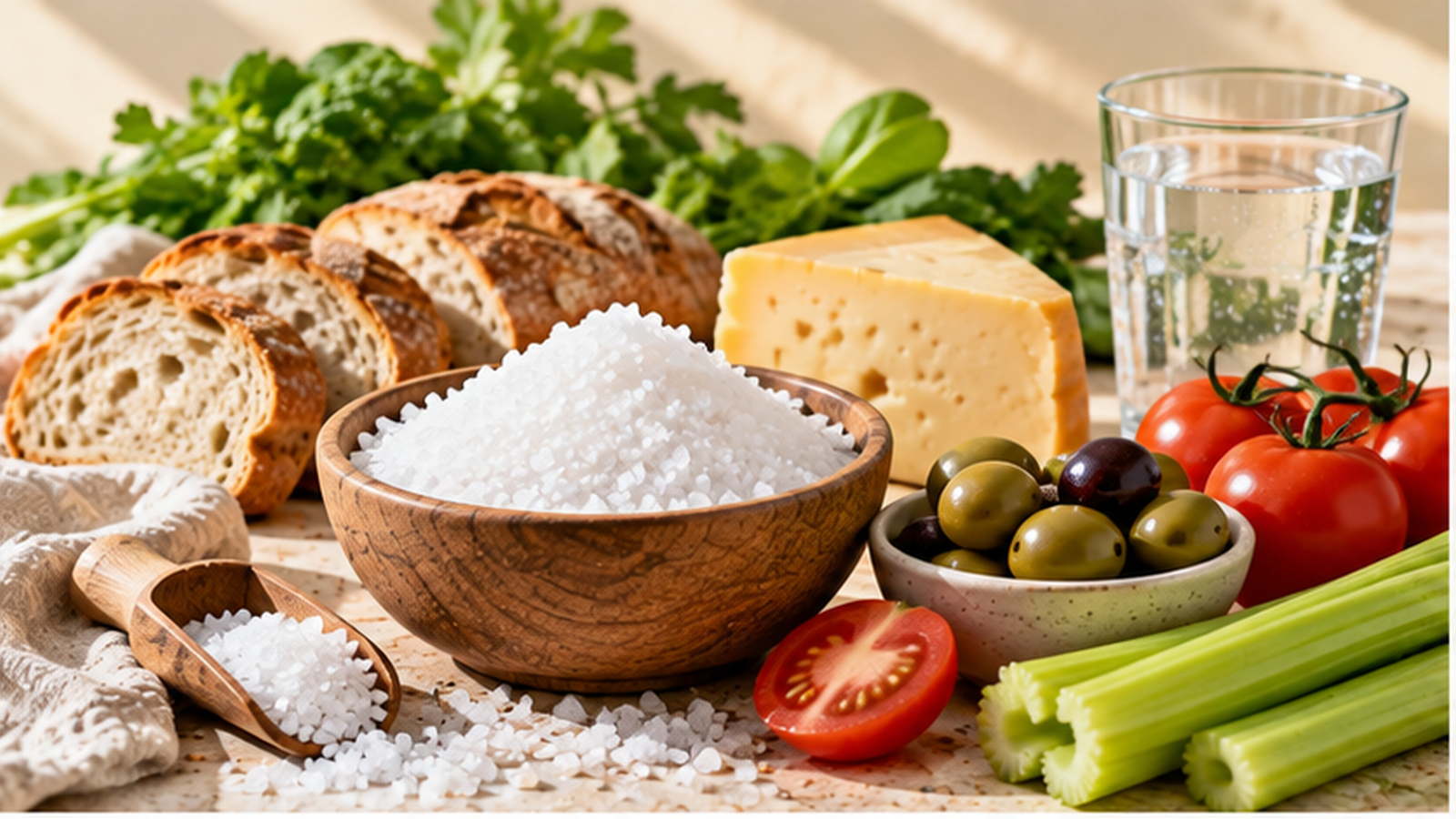 Natriumreiche Lebensmittel mit Salz, Brot, Käse, Oliven, Tomaten und Sellerie