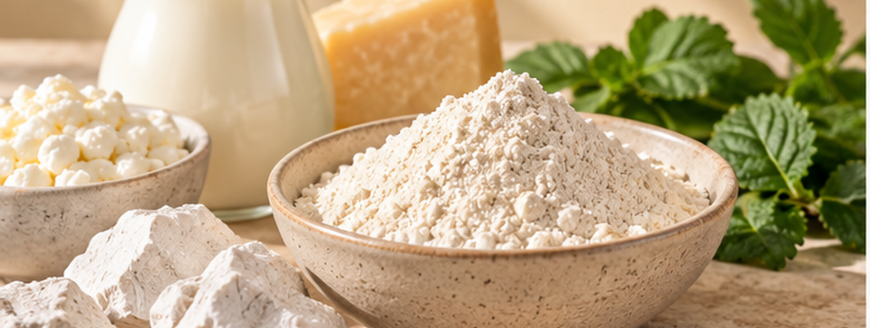 Illustrative Darstellung von Calciumphosphaten mit hellem Pulver, Milch und Käse