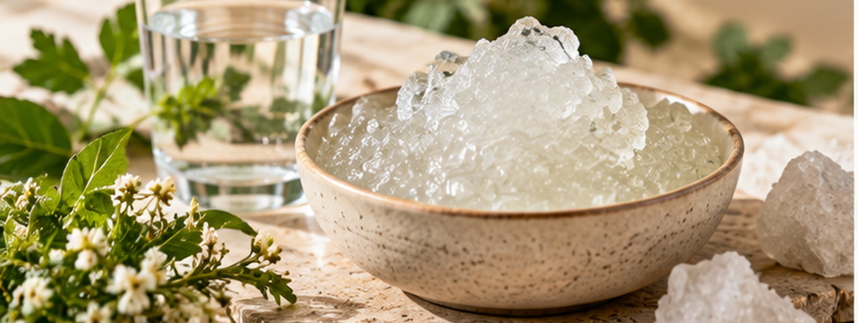 Illustrative Darstellung von Kieselsäure mit transparenter gelartiger Struktur und Wasser