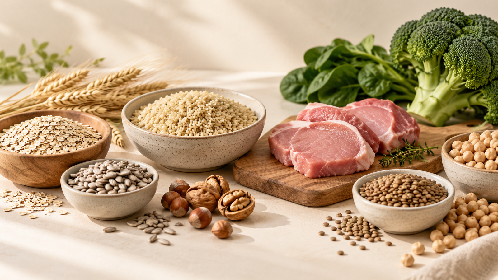 Vitamin B1 Lebensmittel mit Vollkorn, Hülsenfrüchten, Samen und Schweinefleisch