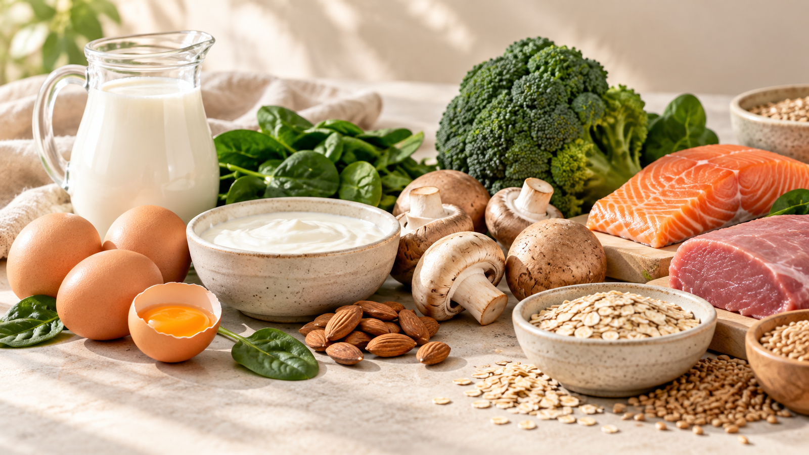 Vitamin B2 Lebensmittel mit Milch, Eiern, Pilzen, Spinat und Fisch