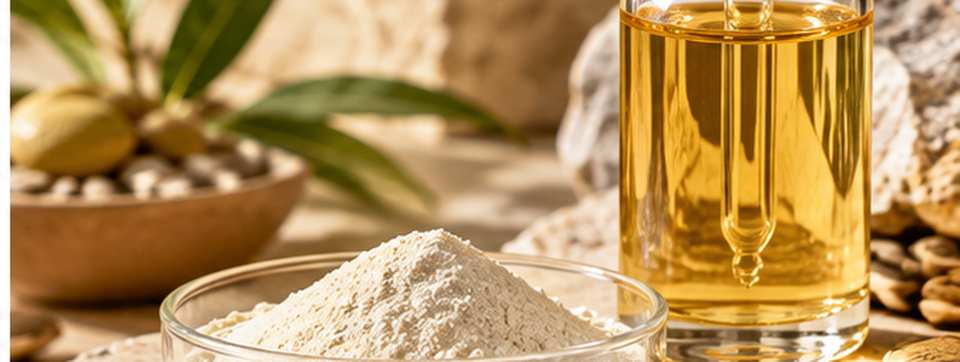 Illustrative Darstellung einer Vitamin-B5-Form mit hellem Pulver, Ölfläschchen und Samen