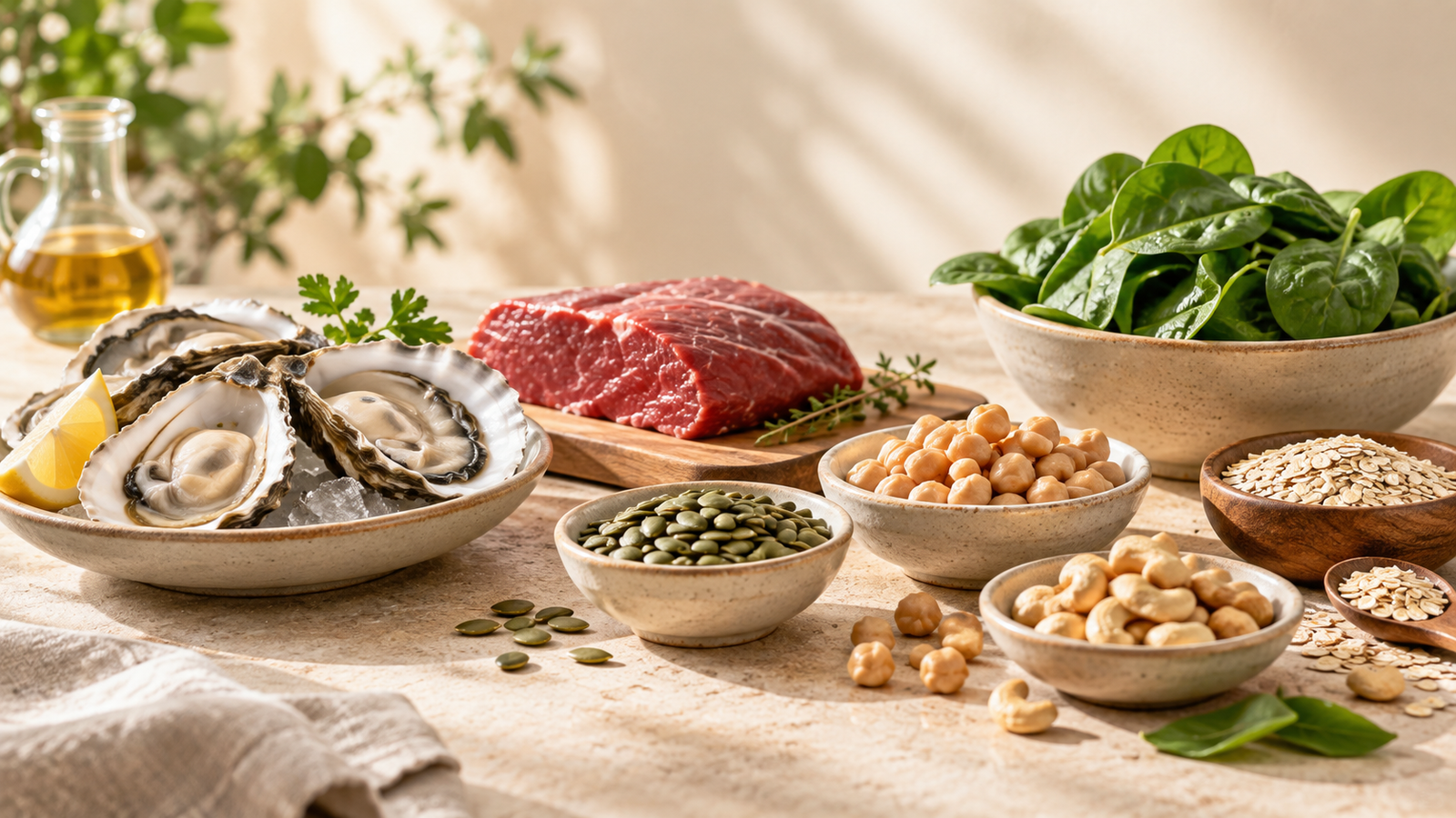 Zinkreiche Lebensmittel mit Austern, Fleisch, Samen und Hülsenfrüchten