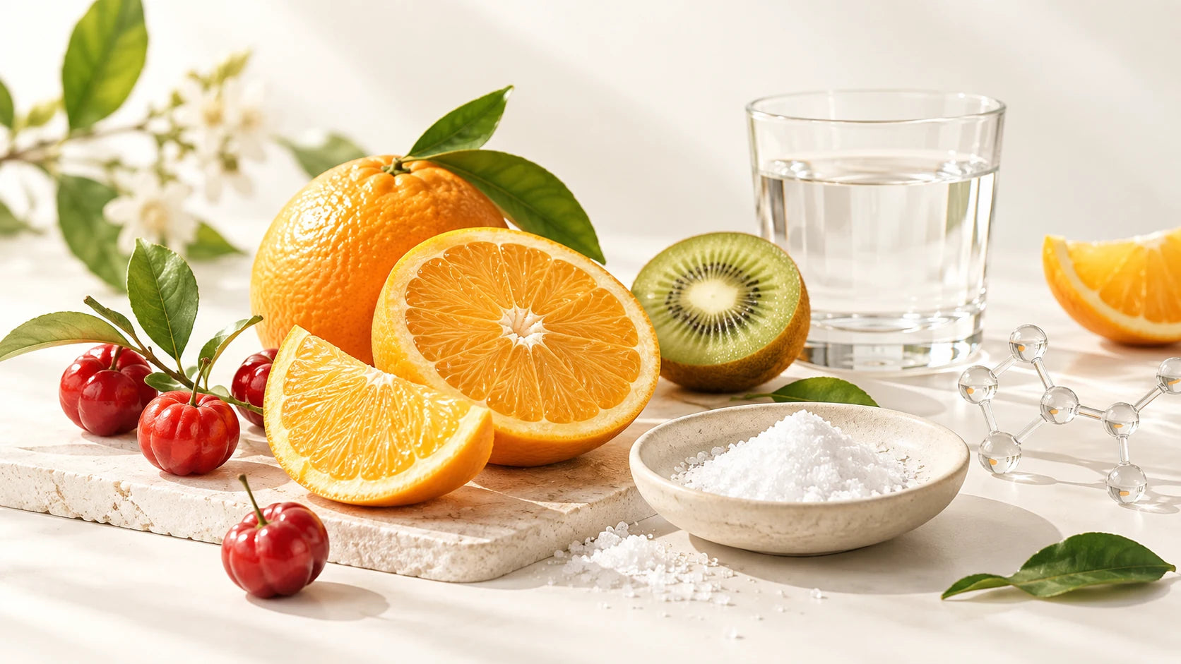 Vitamin-C-Quellen mit Orange, Kiwi und Acerola neben Ascorbinsäure und Wasserglas